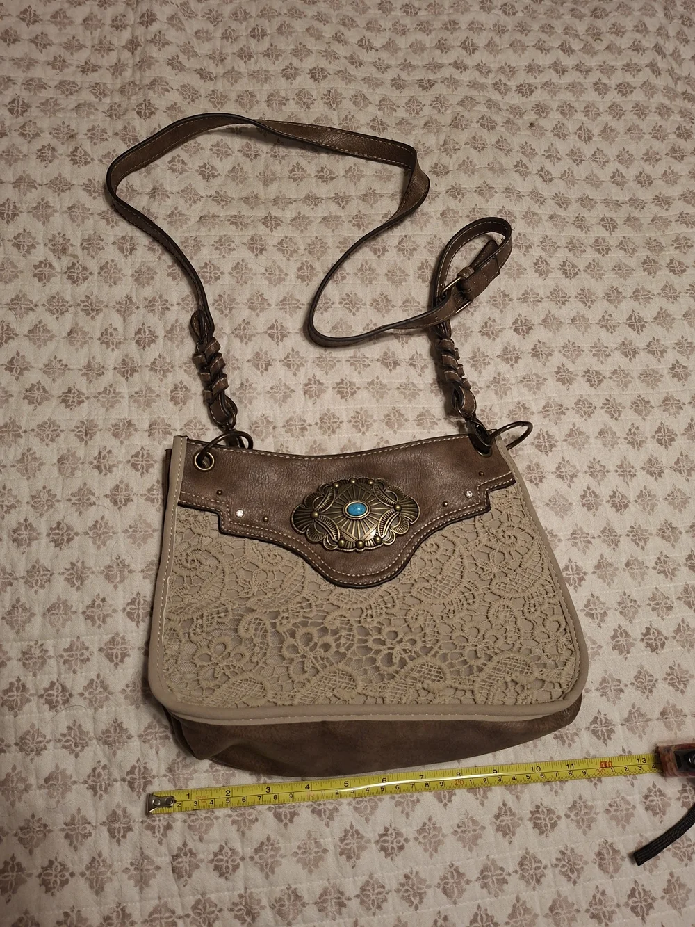 Justin Boots Beige Lace Crossbody with Brown Trim and Turquoise Concho